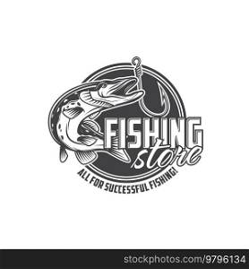 Fishing store icon with pike and hook, fisher tackles shop vector emblem. Fisherman equipment, fish catch baits or lure and bobber floats store badge with river pike and rod hook. Fishing store, pike and hook, fisher tackles shop
