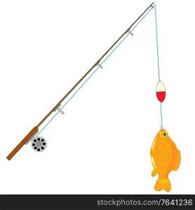 Fishing tackle with catch on white background is insulated. Fishing rod with caughted by fish on hook