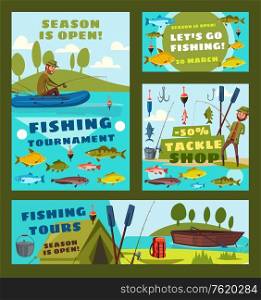 Fishing tournament, big fish catch season and fisher tackles and baits shop discount posters. Vector fisher man with rod in boat catching carp, pike or sheatfish and salmon in sea or river. Fishing season sea tours, fisher tackles shop