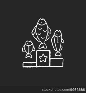 Fishing tournament chalk white icon on black background. Sport competition. Fishers contest. Pedestal with fish. Trophy fishing. Spinning. Isolated vector chalkboard illustration. Fishing tournament chalk white icon on black background