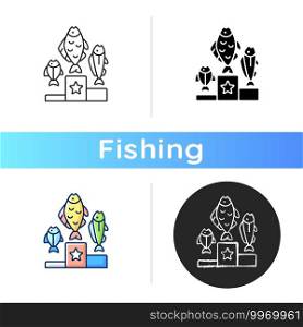 Fishing tournament icon. Sport competition. Fishers contest. Pedestal with fish. Trophy fishing. Fishery tools. Spinning. Linear black and RGB color styles. Isolated vector illustrations. Fishing tournament icon