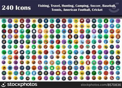 Fishing, Travel, Hunting, C&ing, Soccer, Baseball, Tennis, Footbal, Cricket Icon Set. Flat Design With Long Shadow. Vector illustration.