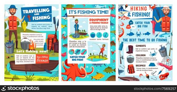 Fishing, traveling and hiking sport. Fishery equipment and tacles. Vector fisherman with rod, boat with paddles, gumboods, cauldron and backpack, campfire. Seafood, fish and shrimp, squid. Traveling, fishing, hiking. Fisher and camp