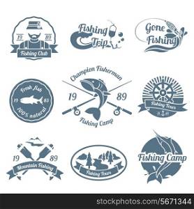 Fishing trip camps clubs outdoor championship black label set isolated vector illustration