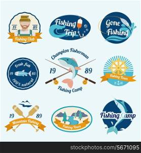 Fishing trip camps clubs outdoor tours label set isolated vector illustration