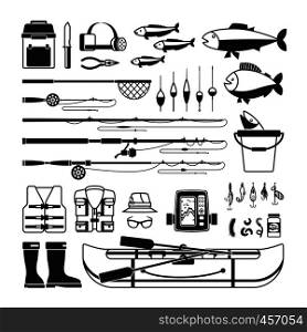 Fishing vector black icons. Tackle and bait, bobber and fisherman clothing. Fishing vector black icons