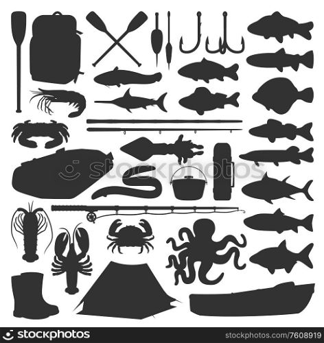 Fishing vector icons of fisherman equipment lures and fishes. Fishing rod, inflatable boat and camping tent, tackles and hooks for river carp and lake pike, perch, flounder and seafood crab. Fishing silhouette icons, fish catch equipment