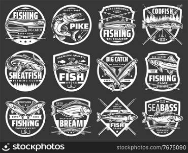 Fishing vector icons with sea eel, pike and hake, horse mackerel, gilt head bream, anchovy and tuna fish. Fisherman tournament. Ocean fishing, rods or spinning with hooks and floaters vintage labels. Fishing vector icons with sea eel, pike and hake