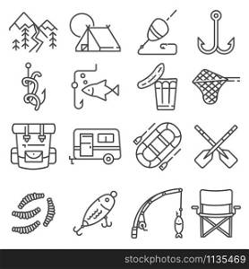Fishing vector illustration icon set. Fisherman, bait, fish, sonar scan, worm weight and more. Fishing gray line vector illustration icon set.