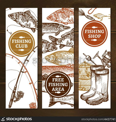 Fishing Vertical Banners Set . Fishing Sketch Concept. Fishing Vertical Banners. Fishing Vector Illustration. Fishing Hand Drawn Set. Fishing Design Symbols.