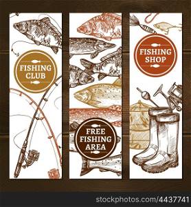 Fishing Vertical Banners Set . Fishing Sketch Concept. Fishing Vertical Banners. Fishing Vector Illustration. Fishing Hand Drawn Set. Fishing Design Symbols.