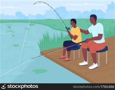 Fishing with dad flat color vector illustration. Summertime outdoor activity for child. Father and son strengthening relationships 2D cartoon characters with lake landscape on background. Fishing with dad flat color vector illustration