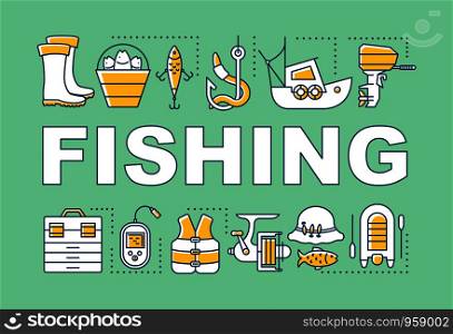 Fishing word concepts banner. Presentation, website. Fish catching professional equipment. Fisherman work. Isolated lettering typography idea with linear icons. Vector outline illustration