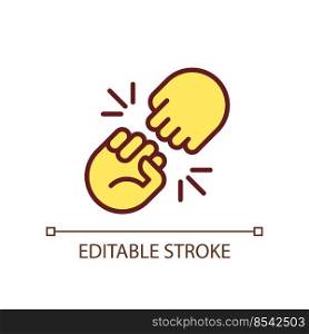 Fist bump pixel perfect RGB color icon. Funny greeting gesture. Communication. Body language. Isolated vector illustration. Simple filled line drawing. Editable stroke. Arial font used. Fist bump pixel perfect RGB color icon