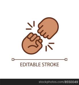 Fist bump pixel perfect RGB color icon. Funny greeting gesture. Communication. Body language. Isolated vector illustration. Simple filled line drawing. Editable stroke. Arial font used. Fist bump pixel perfect RGB color icon