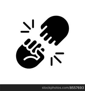 Fist bump sign black glyph icon. Funny greeting gesture. Communication process. Body language expression. Silhouette symbol on white space. Solid pictogram. Vector isolated illustration. Fist bump sign black glyph icon