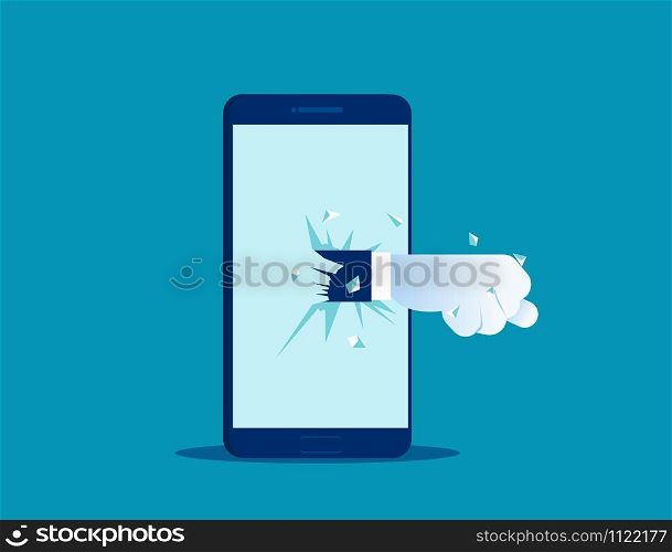 Fist destroy smartphone. Concept business vector illustration.
