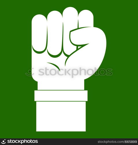 Fist icon white isolated on green background. Vector illustration. Fist icon green