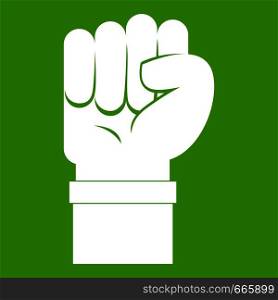 Fist icon white isolated on green background. Vector illustration. Fist icon green