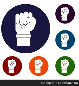 Fist icons set in flat circle red, blue and green color for web. Fist icons set