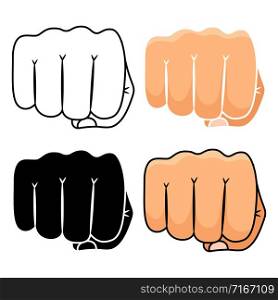 Fist punch vector icons, black and colorful, isolated on white background. Fist punch icons set