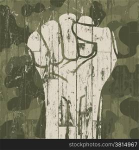 Fist symbol (revolution) on military camouflage background. Vector.