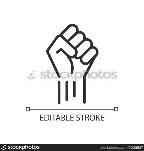 Fist up pixel perfect linear icon. Symbol of protest and resistance. Political solidarity. Thin line illustration. Contour symbol. Vector outline drawing. Editable stroke. Arial font used. Fist up pixel perfect linear icon