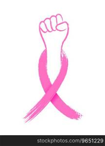 Fist with a pink ribbon brush style. Symbol of victory over breast cancer. Vector illustration.