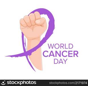 Fist with cancer awareness ribbon concept. Symbol of victory over cancer. World cancer day, vector illustration.