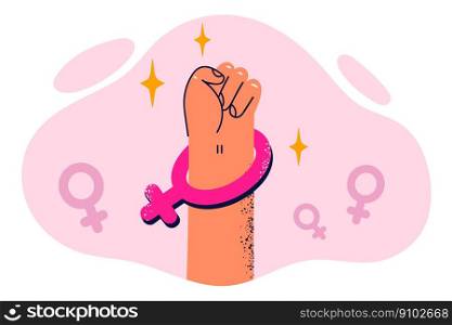 Fist with symbol of Venus symbolizes feminist protest and protection of women rights in fight for gender equality. Fist of participant in feminist demonstration against gender rules . Fist with symbol of Venus symbolizes feminist protest and protection of women rights in fight