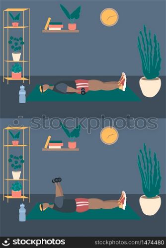 Fit man make exercise at home in sportswear. Active and healthy lifestyle concept. Sports competition indoor workout athletic. Flat vector illustration in room with furniture. Trendy simple interior
