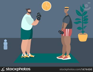 Fit man make exercise at home in sportswear. Active and healthy lifestyle concept. Sports competition indoor workout athletic. Flat vector illustration in room with furniture. Trendy simple interior