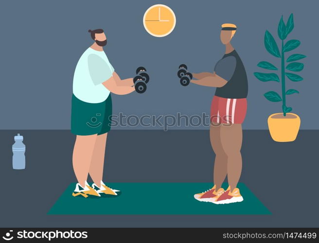 Fit man make exercise at home in sportswear. Active and healthy lifestyle concept. Sports competition indoor workout athletic. Flat vector illustration in room with furniture. Trendy simple interior