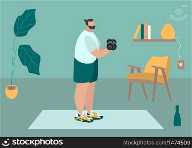 Fit man make exercise at home in sportswear. Active and healthy lifestyle concept. Sports competition indoor workout athletic. Flat vector illustration in room with furniture. Trendy simple interior