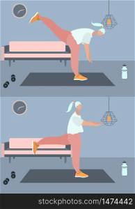 Fit woman make exercise at home in sportswear. Active and healthy lifestyle concept. Sports competition indoor workout athletic. Flat vector illustration in room with furniture. Trendy simple interior
