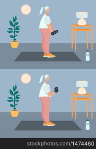 Fit woman make exercise at home in sportswear. Active and healthy lifestyle concept. Sports competition indoor workout athletic. Flat vector illustration in room with furniture. Trendy simple interior