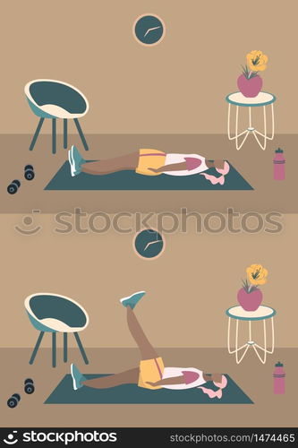 Fit woman make exercise at home in sportswear. Active and healthy lifestyle concept. Sports competition indoor workout athletic. Flat vector illustration in room with furniture. Trendy simple interior