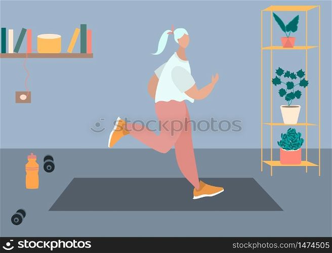 Fit woman make exercise at home in sportswear. Active and healthy lifestyle concept. Sports competition indoor workout athletic. Flat vector illustration in room with furniture. Trendy simple interior