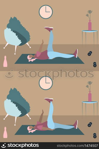 Fit woman make exercise at home in sportswear. Active and healthy lifestyle concept. Sports competition indoor workout athletic. Flat vector illustration in room with furniture. Trendy simple interior