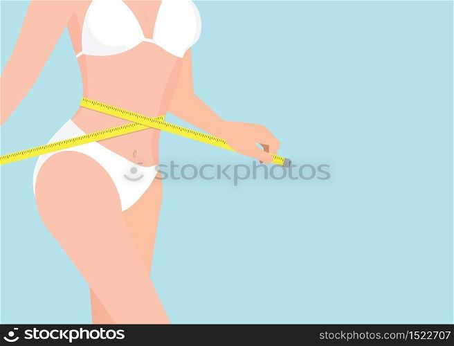 Fit young woman measuring her waist, weight loss, diet, healthy conceptual vector illustration.