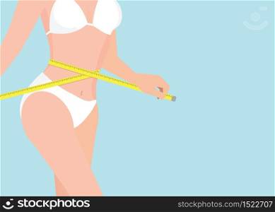 Fit young woman measuring her waist, weight loss, diet, healthy conceptual vector illustration.