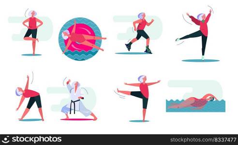 Fitness activities set. Woman swimming in pool, doing yoga, roller skating. People concept. Vector illustration for topics like leisure, movement, active lifestyle