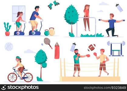 Fitness activity isolated elements set. Bundle of people on stationary bicycles, doing horizontal bar or dumbbell exercise, boxing, cycling. Creator kit for vector illustration in flat cartoon design