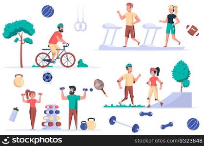 Fitness activity isolated elements set. Bundle of sportive people on treadmills, cycling or rollerblading, dumbbell exercises, gym workouts. Creator kit for vector illustration in flat cartoon design