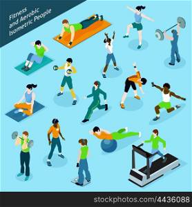 Fitness Aerobic Isometric People Icon Set. Fitness aerobic isometric people icon set with people at the gym isolated shadowed vector illustration