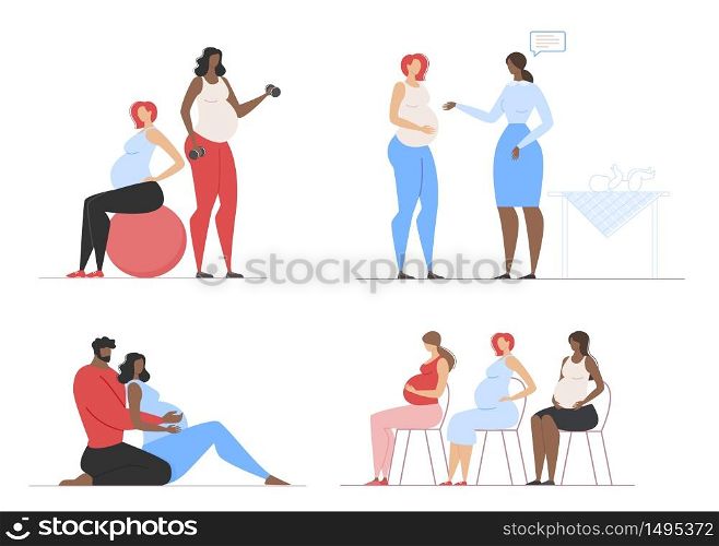 Fitness and Advisory Classes for Pregnant, Consultative Parenting Courses for Future Parents Expecting Childbirth Flat Set. Cartoon Multiracial Man and Woman Bundle. Vector Illustration. Fitness and Advisory Classes for Pregnant Set