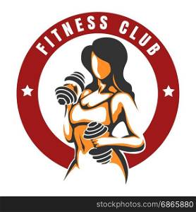 Fitness and Bodybuilding Colorful emblem with Woman Holding Weight. Vector illustration