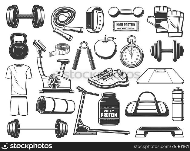 Fitness and gym equipment, sport items vector icons. Dumbbells, barbell and bottle, weight scales, training sneakers and apple, jump rope, stopwatch and kettlebell, tape measure, bike. Fitness sport and gym tools, exercise equipment