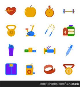 Fitness and gym flat icons set vector graphic design. Fitness and gym flat icons set