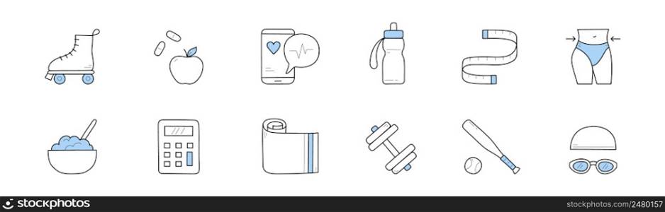 Fitness and healthy lifestyle icons with diet food, gym equipment, slim waist and measure tape. Vector hand drawn signs of workout and sport with dumbbell, yoga mat, water bottle, baseball bat. Fitness and healthy lifestyle icons